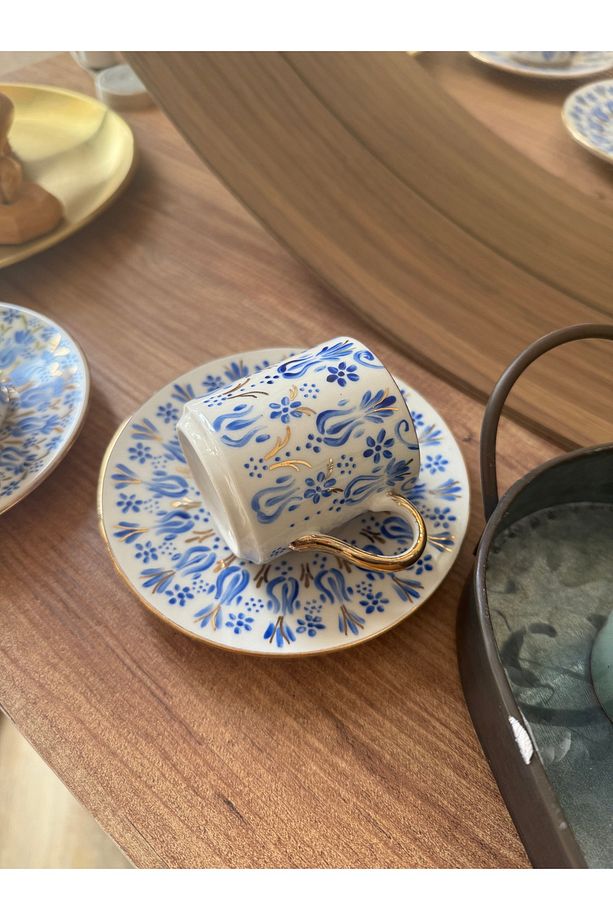 Endülüs 2 kişilik el yapımı porselen 24k altın işlemeli handmade kahve fincan set - 3