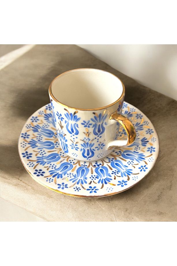 Endülüs 2 kişilik el yapımı porselen 24k altın işlemeli handmade kahve fincan set - 1