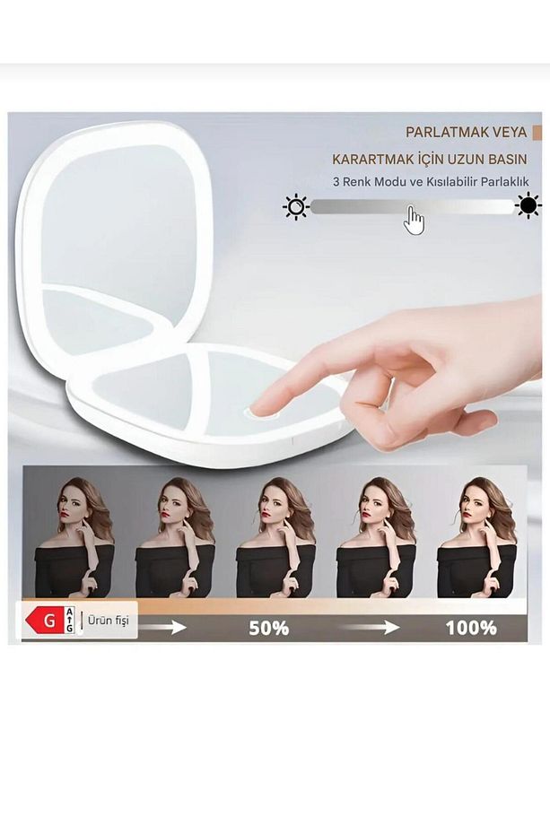 5X Büyüteçli, 3 Renk LED Işıklı, Taşınabilir, Katlanabilir, Şarjlı, Cep Boy Makyaj Aynası - 3