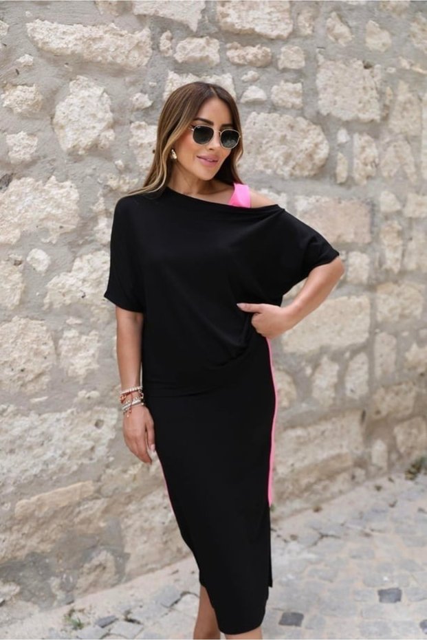 Buketli̇ Women's Ribbon Detailed One-Shoulder Open Blouse and Elastic Waist Skirt, Two-Piece Set