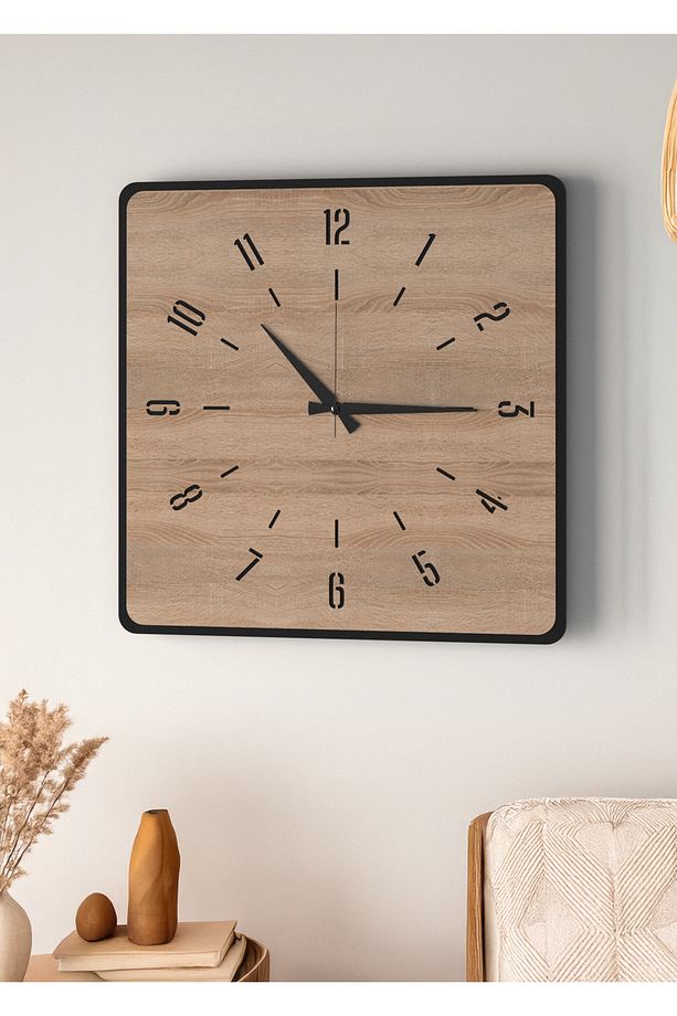 Modern Tasarım Ahşap Duvar Saati | Siyah & Sonomo MDF | 48cm Büyük Boy - 1