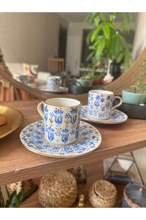 Endülüs 2 kişilik el yapımı porselen 24k altın işlemeli handmade kahve fincan set - 6
