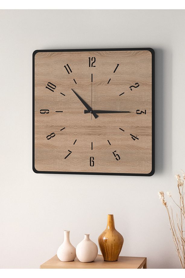 Modern Tasarım Ahşap Duvar Saati | Siyah & Sonomo MDF | 48cm Büyük Boy - 3