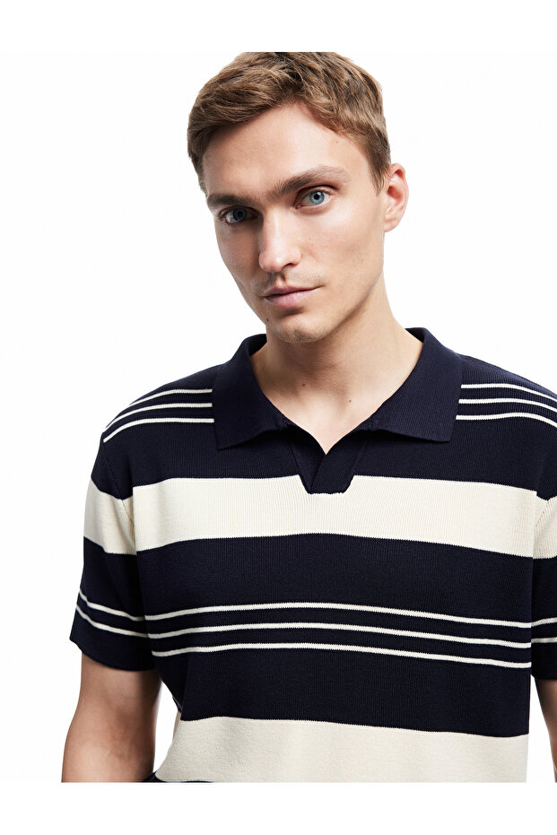 Striped Short Sleeve Regular Fit Polo Neck Knitwear T-Shirt