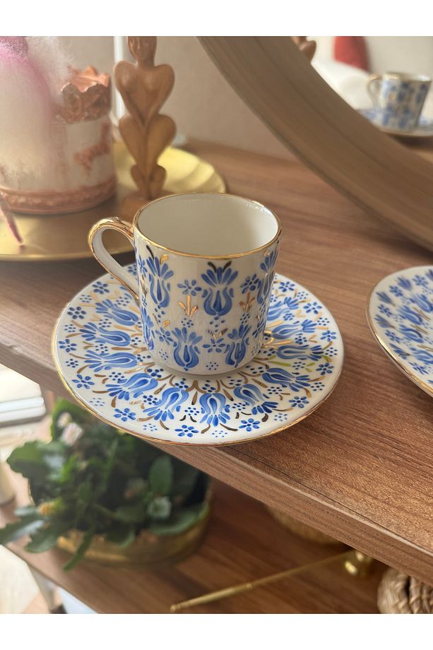 Endülüs 2 kişilik el yapımı porselen 24k altın işlemeli handmade kahve fincan set - 2