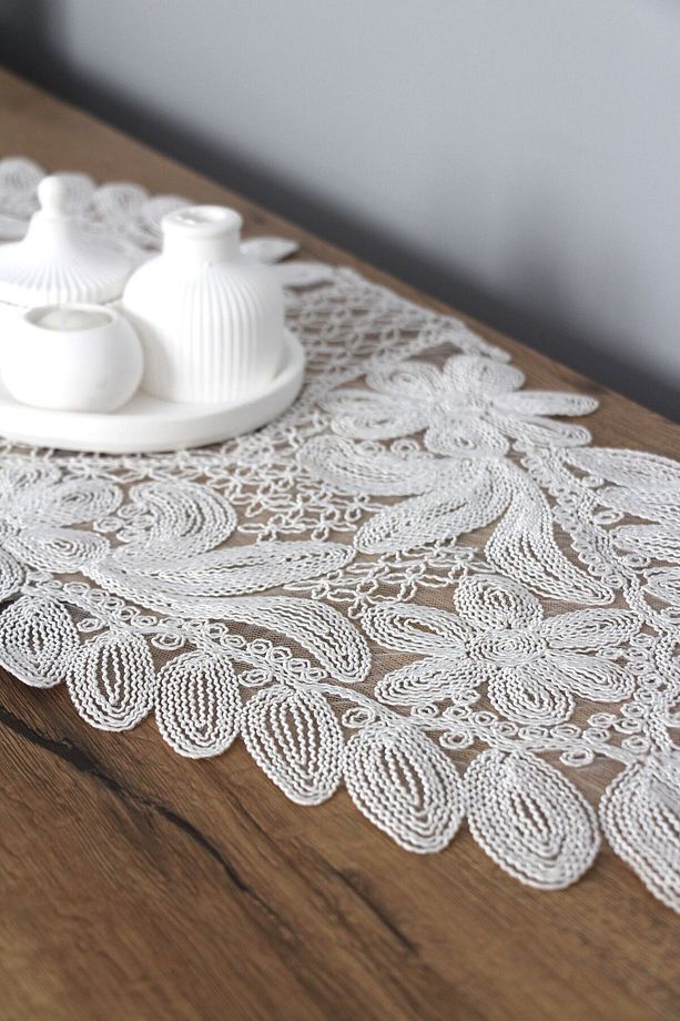Dantel Kordon Örme Detay Masa Runner Fiskos Örtüsü 100x35 cm 1010-Kelebek - 3