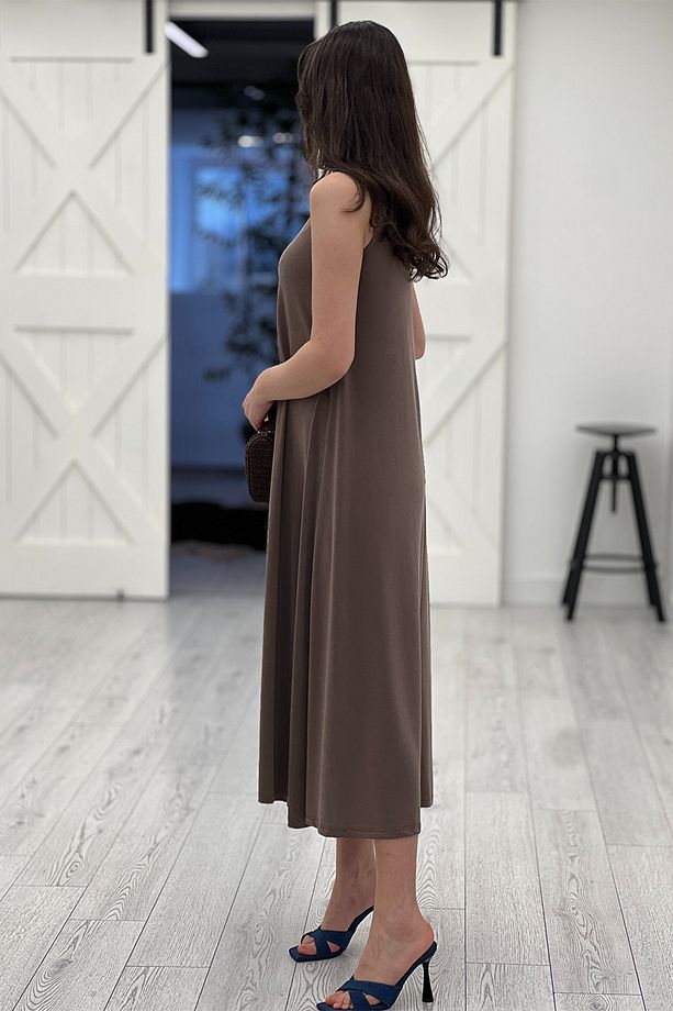 Kahverengi Sıfır Kol Modal Elbise - 2