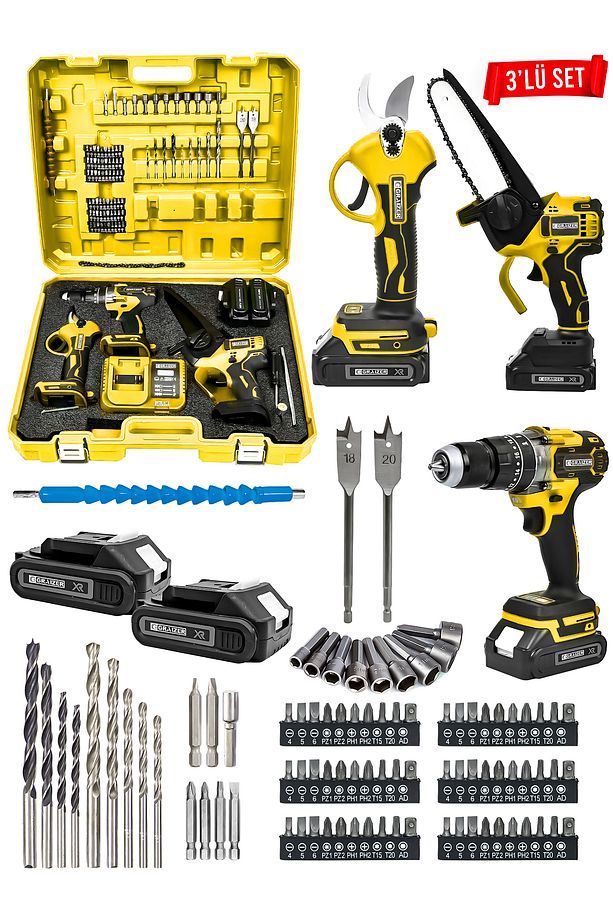 Powerforge 3'lü Set Kömürsüz Motor Şarjlı Budama Testeresi-Şarjlı Budama Makası-Şarjlı Matkap-Sarı - 1