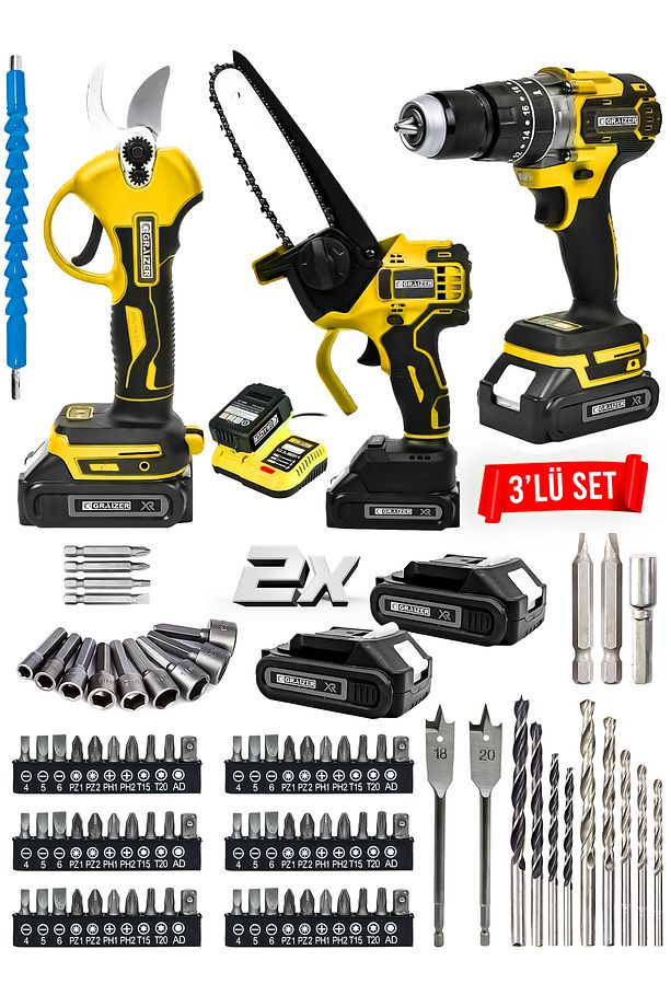 Powerforge 3'lü Set Kömürsüz Motor Şarjlı Budama Testeresi-Şarjlı Budama Makası-Şarjlı Matkap-Sarı - 2