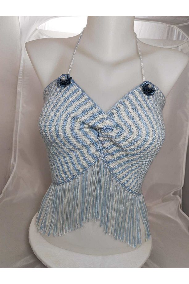 Yazlık Koton İp El Örgüsü Püsküllü Crop İnce askılı bluz - 7
