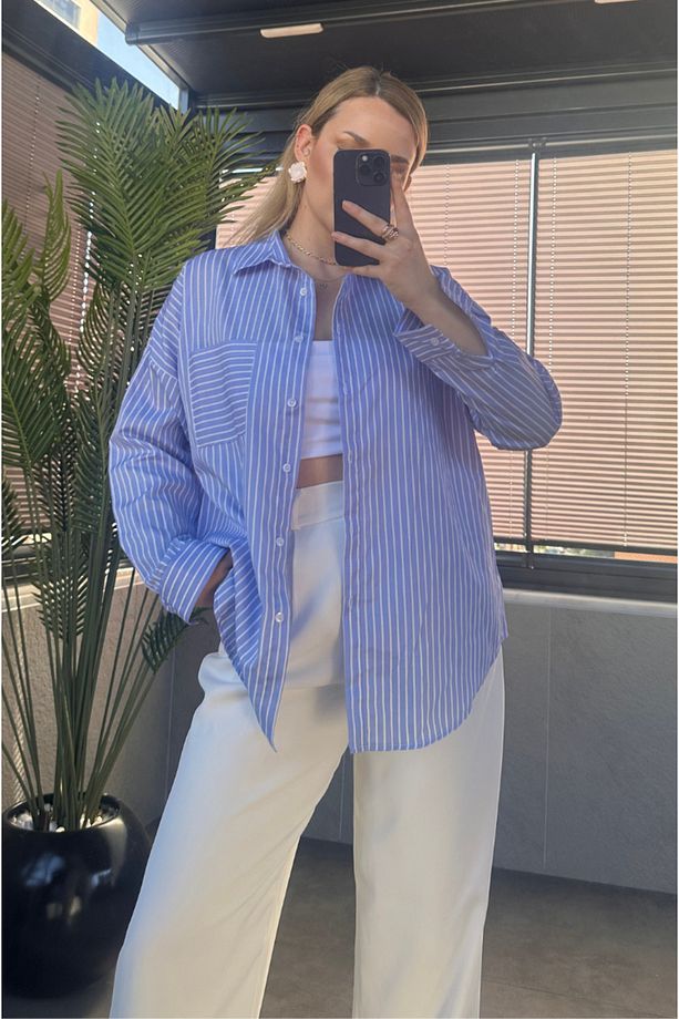 Açık Mavi Tek Cepli Çizgili Oversize Modal Gömlek - 3