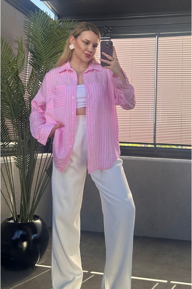 Pembe Tek Cepli Çizgili Oversize Modal Gömlek - 4