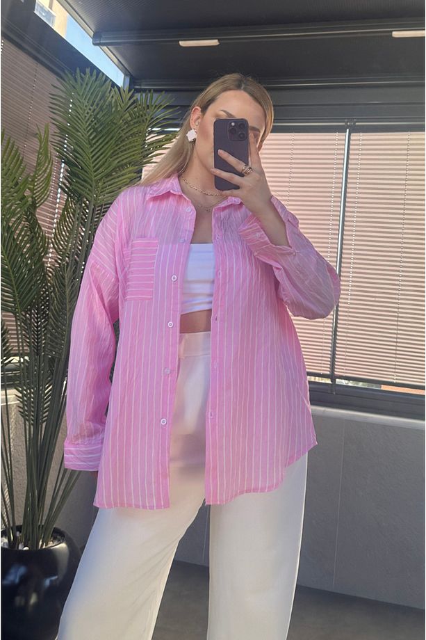 Pembe Tek Cepli Çizgili Oversize Modal Gömlek - 7