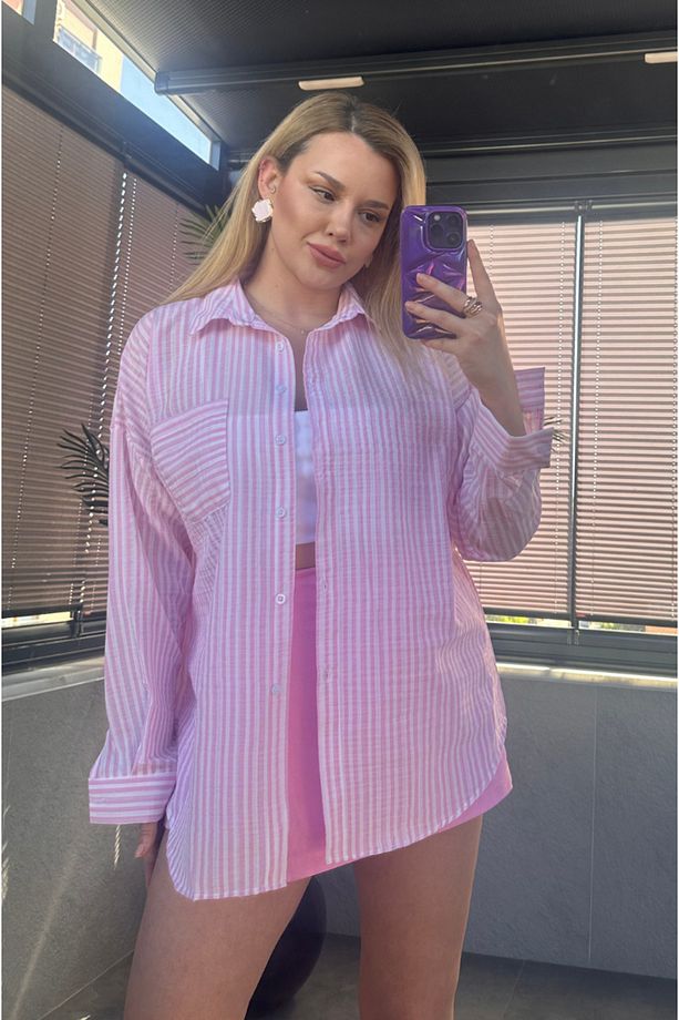 Pembe Tek Cepli Çizgili Oversize Modal Keten Gömlek - 3