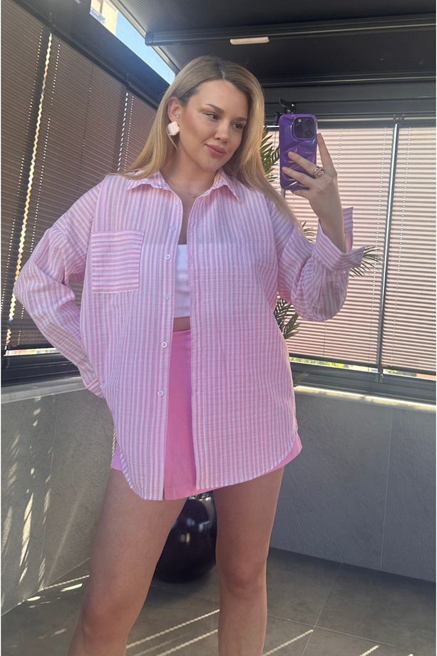 Pembe Tek Cepli Çizgili Oversize Modal Keten Gömlek - 2