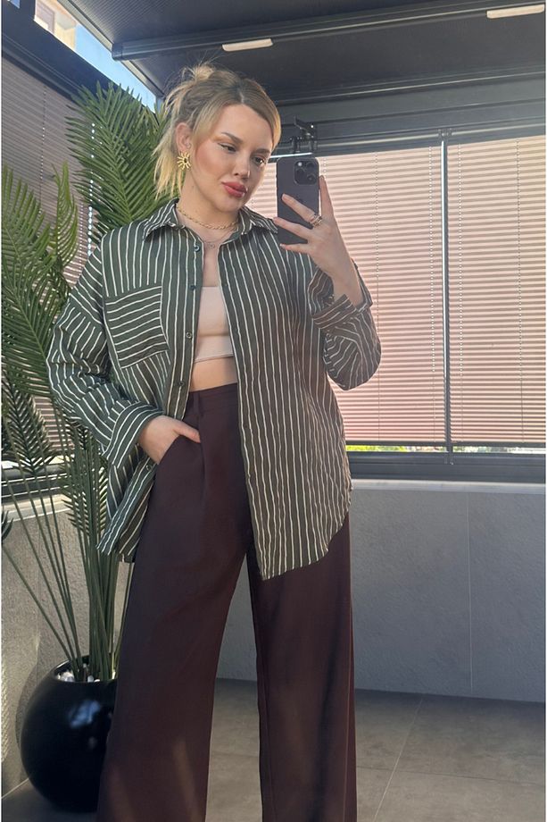 Haki Tek Cepli Çizgili Oversize Modal Gömlek - 3