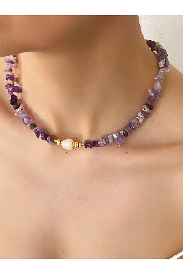 Original Design Real Pearl Steel Necklace with Amethyst Natural Stone