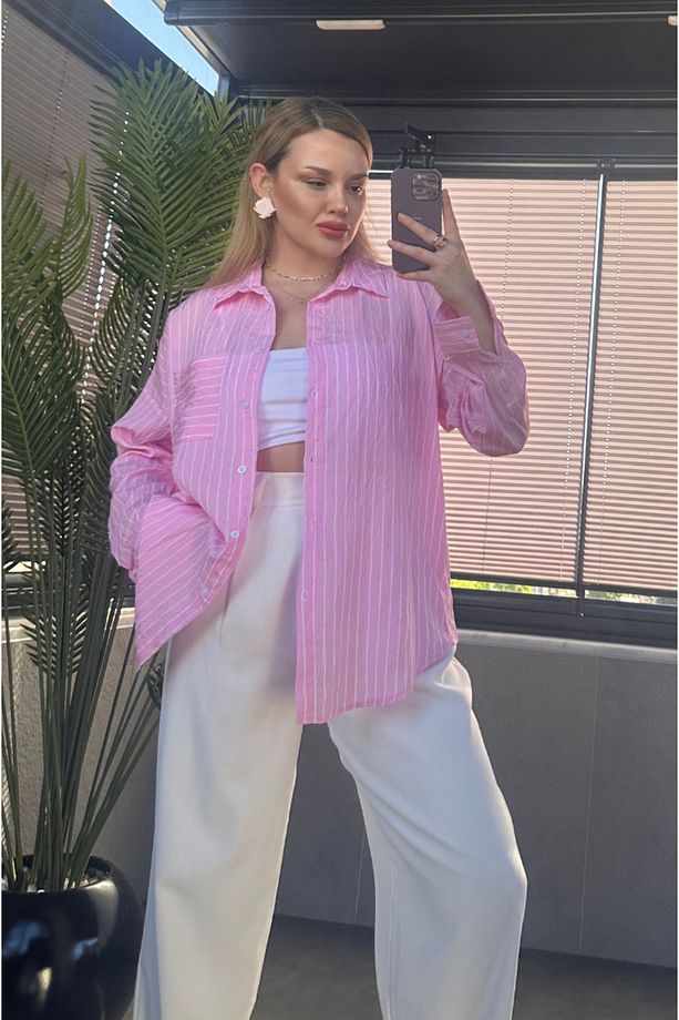 Pembe Tek Cepli Çizgili Oversize Modal Gömlek - 5