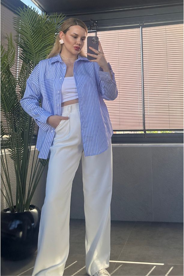 Açık Mavi Tek Cepli Çizgili Oversize Modal Gömlek - 4