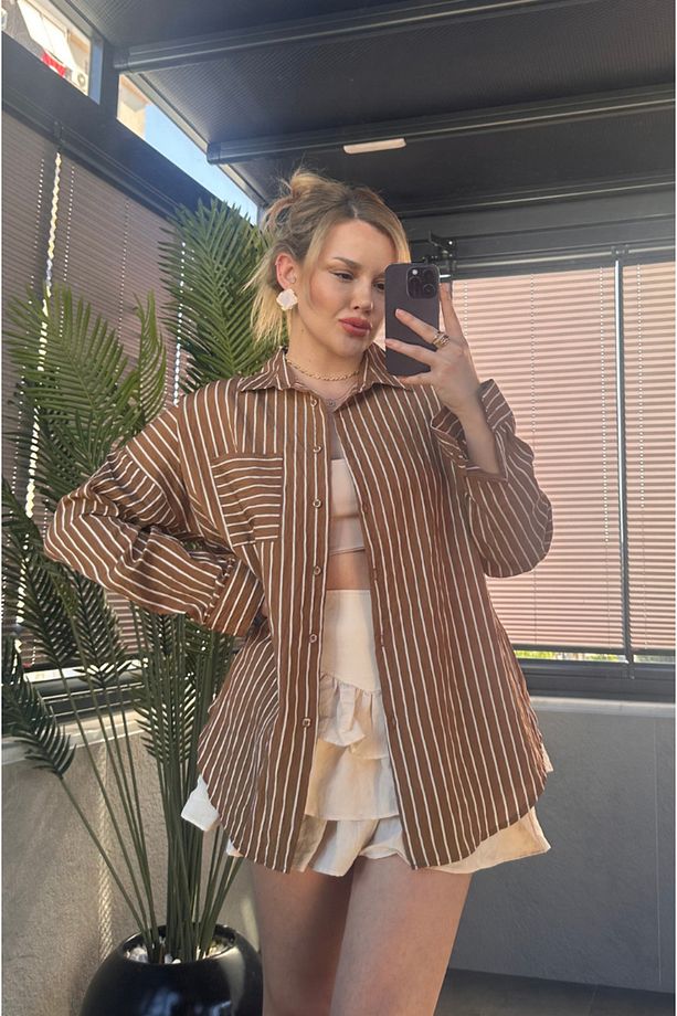 Camel Tek Cepli Çizgili Oversize Modal Gömlek - 2