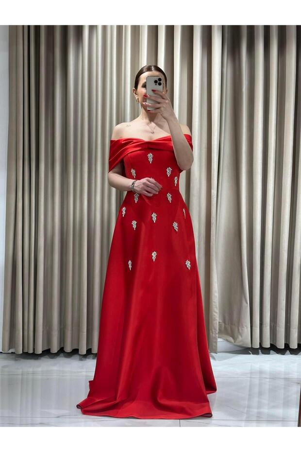 Red Satin Strapless Evening Dress with Stones on the Front |