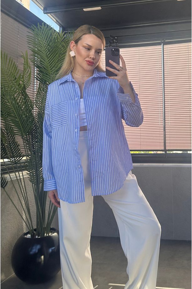 Açık Mavi Tek Cepli Çizgili Oversize Modal Gömlek - 2