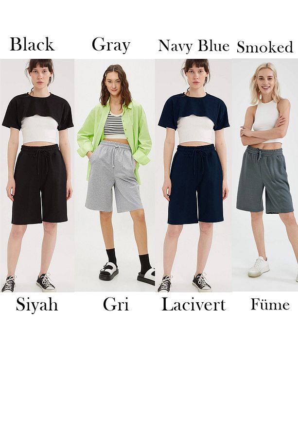 4' lü Comfort Label Bağcıklı Oversize Uzun Kadın Bermuda Şort - 1