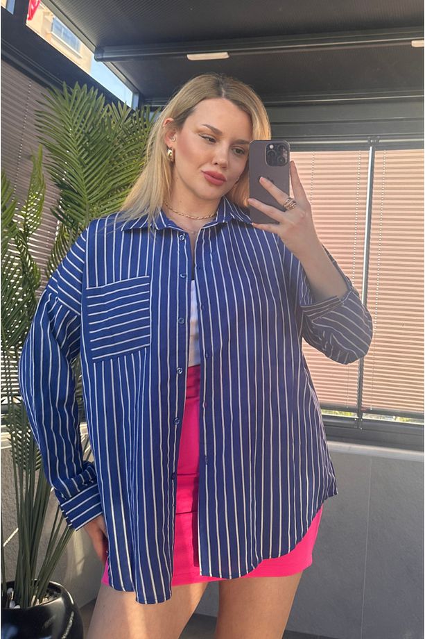 Koyu Mavi Tek Cepli Çizgili Oversize Modal Gömlek - 5