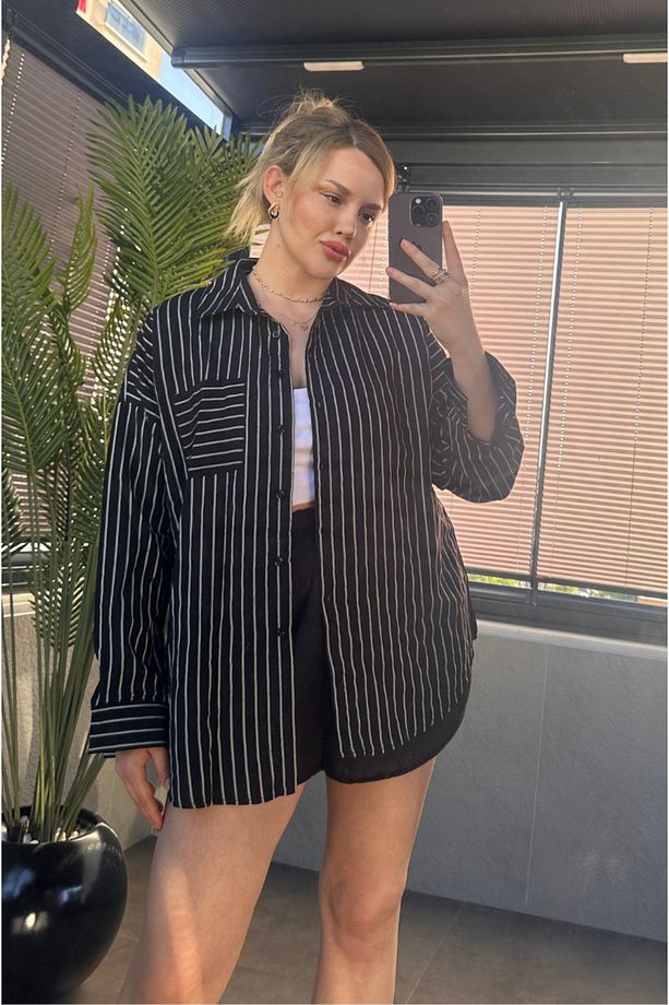 Siyah Tek Cepli Çizgili Oversize Modal Gömlek - 6