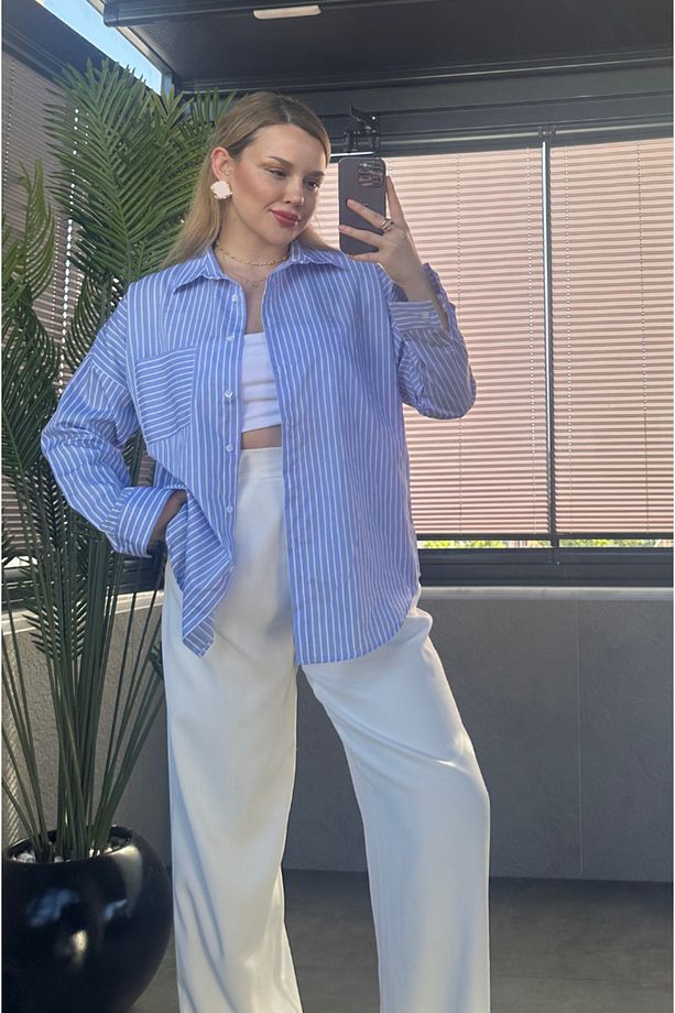 Açık Mavi Tek Cepli Çizgili Oversize Modal Gömlek - 6