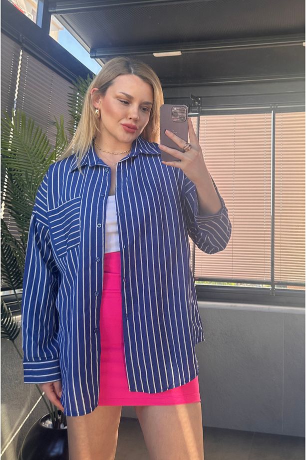 Koyu Mavi Tek Cepli Çizgili Oversize Modal Gömlek - 7