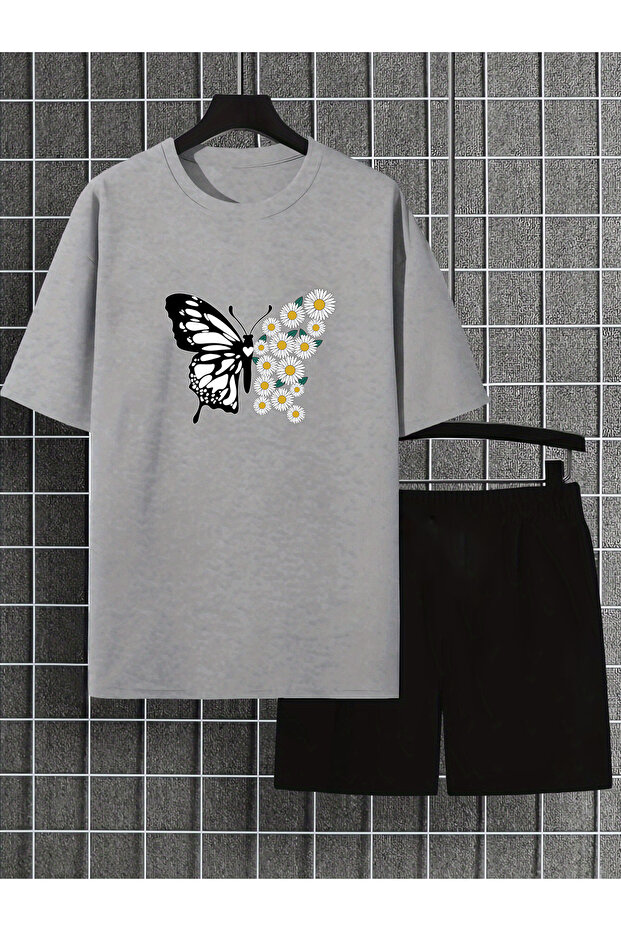 Unisex Papatyakelebek Design Printed Tshirt Tracksuit Set