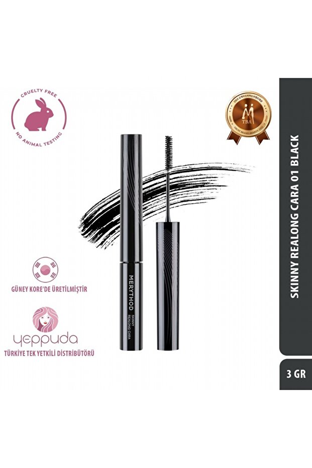 Skinny Realong Cara 01 Black- Non-Caking Waterproof Slim Brushed Black Mascara
