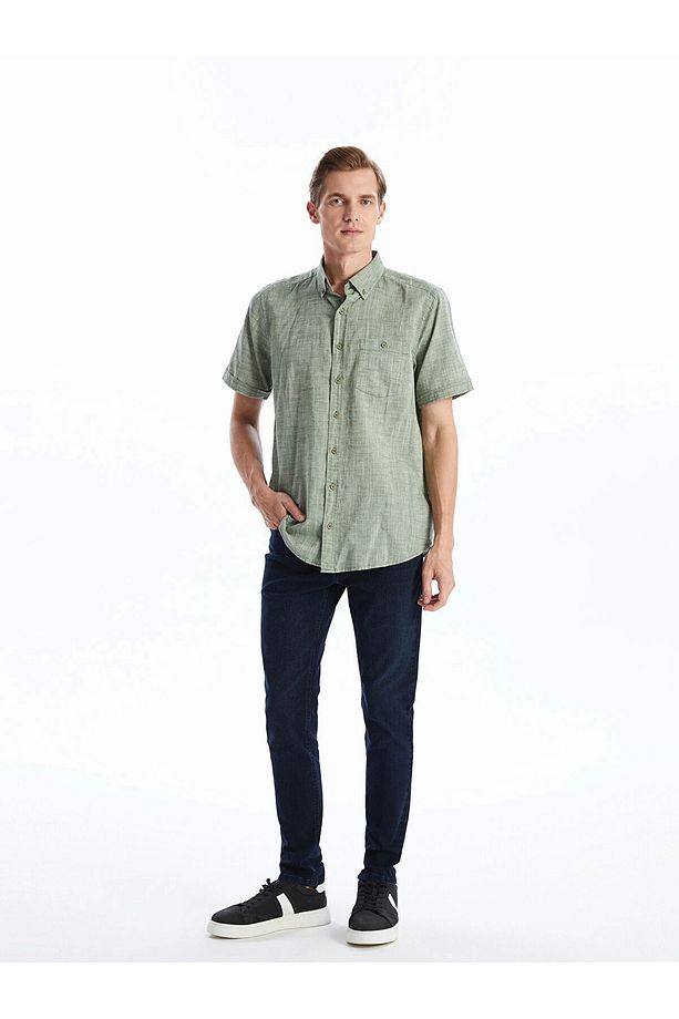 LCWAIKIKI Classic Yeşil Regular Fit Keten Karışımlı Erkek Gömlek - 4