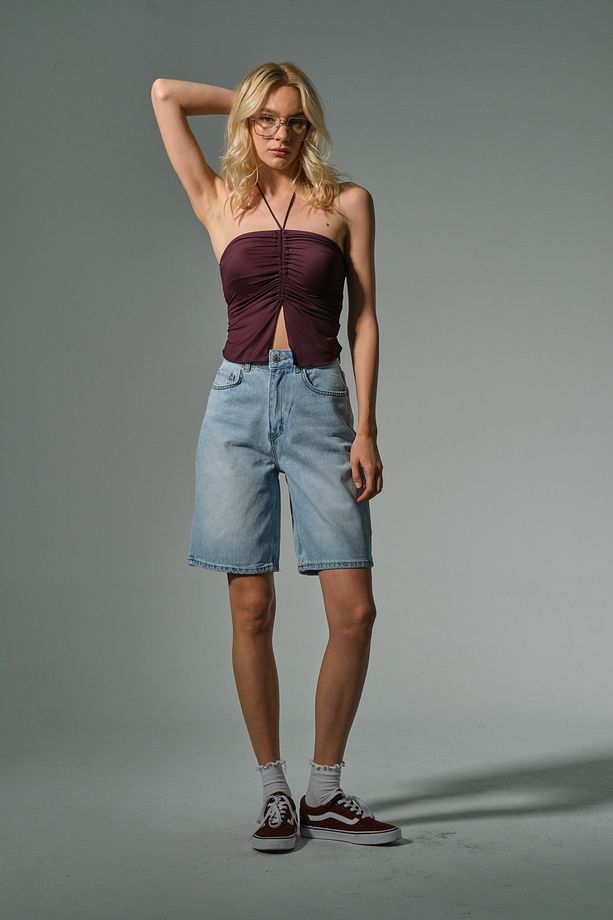 Metalik %100 Pamuk Yüksek Bel Gabardin None Denim 5 Cep Kadın Bermuda Şort @udine - 4