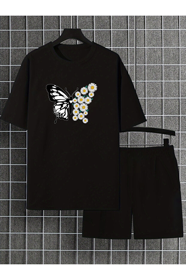 Unisex Papatyakelebek Design Printed Tshirt Tracksuit Set