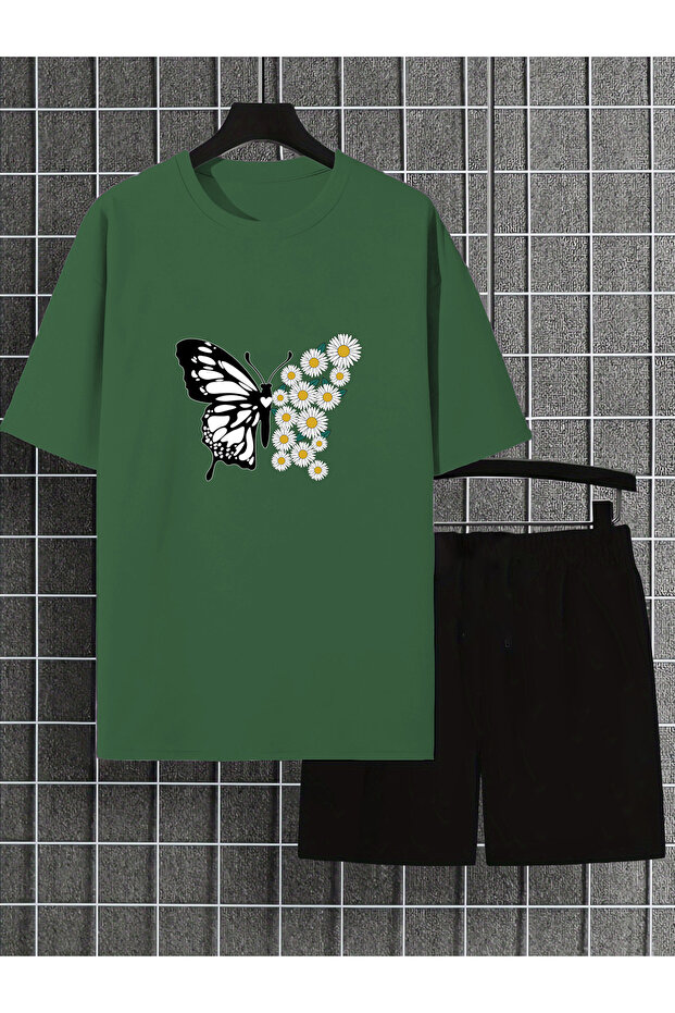 Unisex Papatyakelebek Design Printed Tshirt Tracksuit Set