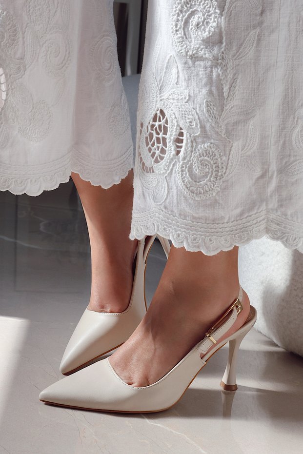 Saint Gold Metal Buckle Detailed Pointed Toe Back Open Stiletto Evening Dress Heeled Women's Shoes