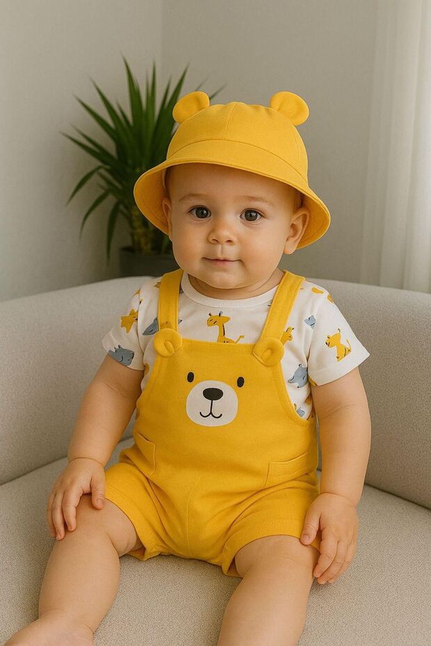 Cute Animal Printed Ear Detailed Hat Salopet 3-Piece Baby Boy Suit Summer
