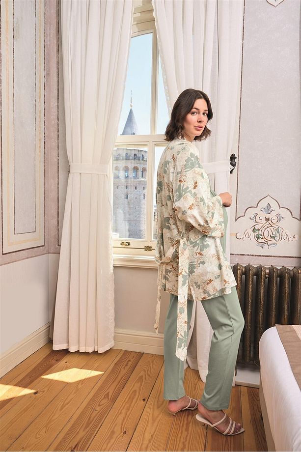 Çiçek Ve Yaprak Desenli Dantelli Hamile Lohusa 3'lü Pijama Takımı - 5