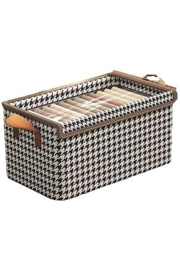 Storage Box, Flippy, Transparent Lid, Checkered Pattern, Large Pattern, Brown - 1