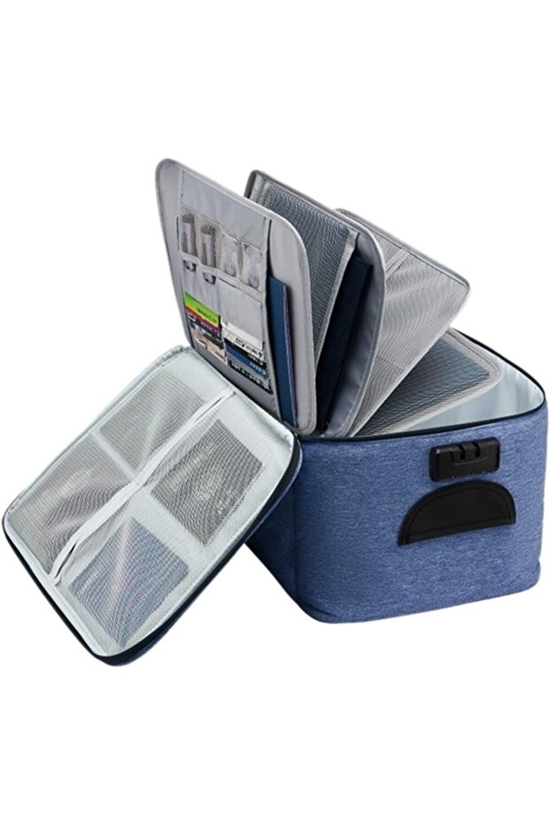 Document Storage Bag with Security Code, Waterproof, 5 Compartments, Blue - 1