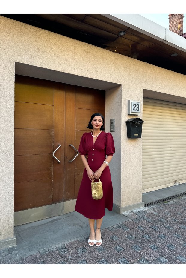BALLOON SLEEVE FRONT BUTTON DETAIL MIDI DRESS