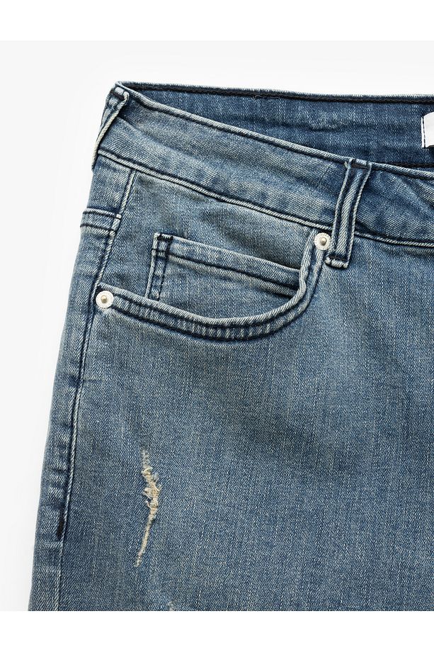 Slim Fit Kot Şort Yırtık Bermuda Cep Detaylı Katlı Paça Pamuklu - 7
