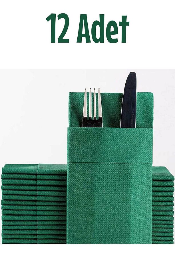 12 Adet Kumaş Dokulu Cepli Yeşil Peçete 40x40cm 12li Paket - 2