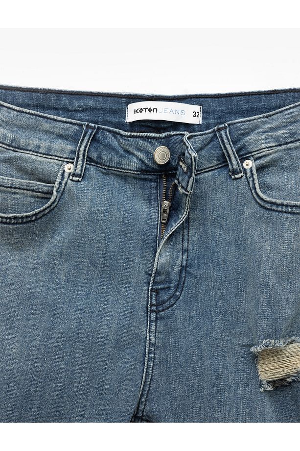 Slim Fit Kot Şort Yırtık Bermuda Cep Detaylı Katlı Paça Pamuklu - 8