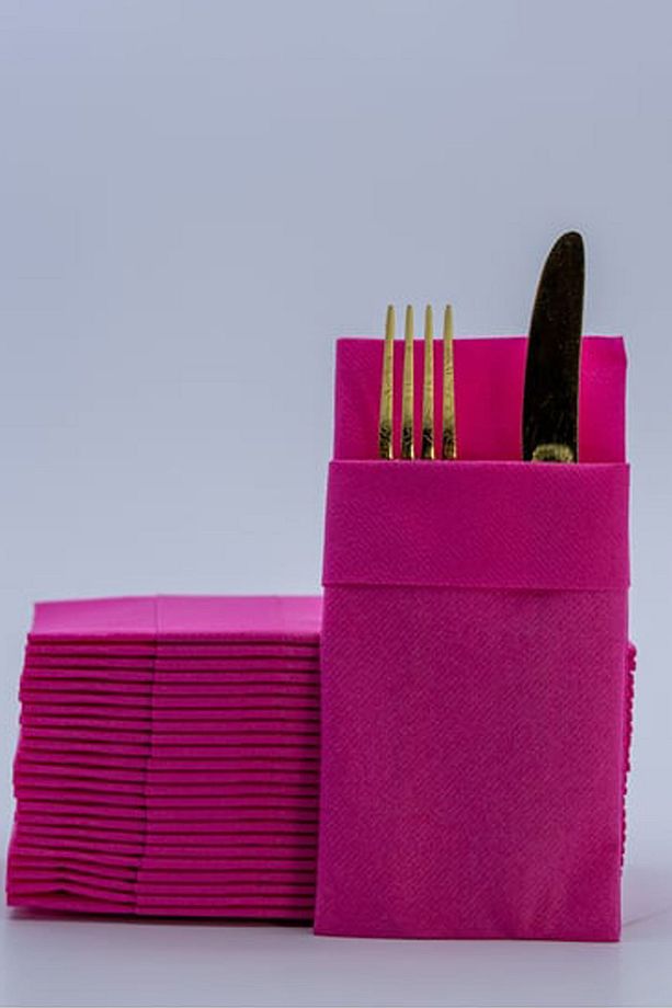 12 Adet Kumaş Dokulu Cepli Fuşya Peçete 40x40cm 12li Paket - 1