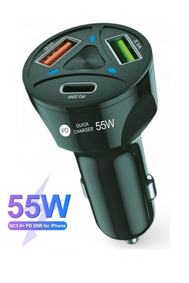 Tüm Telefonlara Uyumlu Type-c Ve Usb 3 Girişli Araç 55w Çakmaklık Şarj Aleti - 1