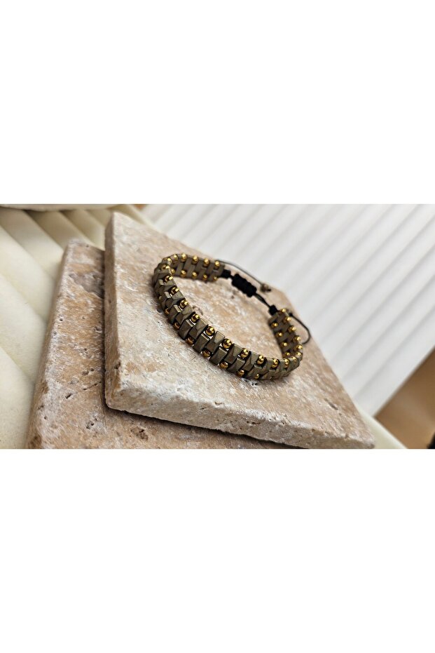 Macrame Hematite Stone Bracelet 3 Wrap - 2