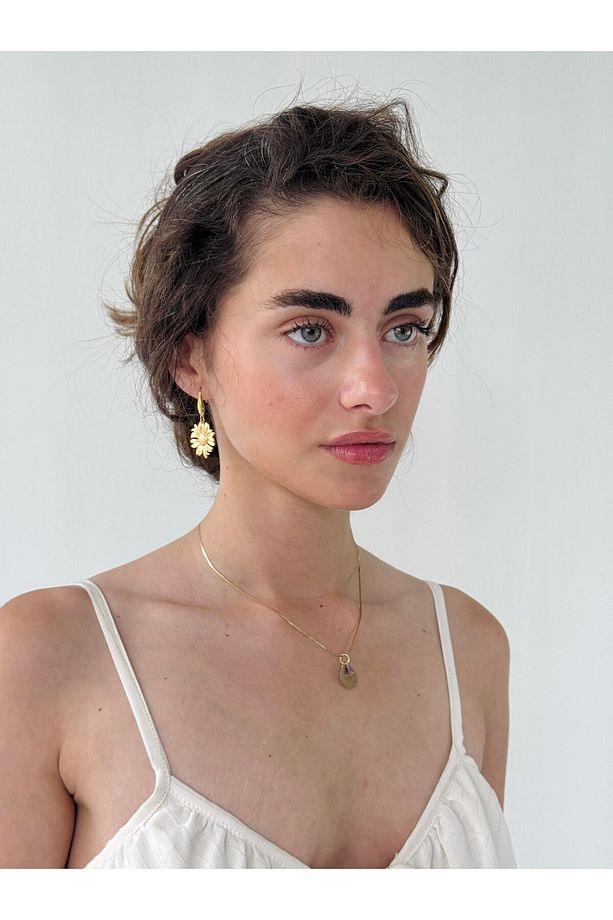 Tasarım Ayçiçeği Pirinç Retro Model Küpe Kadın Sarı - 2